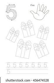 Vector exercise illustrated Figures from Zero to Twelve. Learn handwriting. Kid tracing game. Education and gaming. Page to be traced. Tracing worksheet for figure 5.
