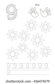 Vector exercise illustrated Figures from Zero to Twelve. Learn handwriting. Kid tracing game. Education and gaming. Page to be traced. Tracing worksheet for figure 9.