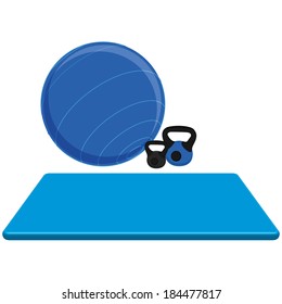 Vector Exercise Mat, Ball And Weights Isolated On White Background