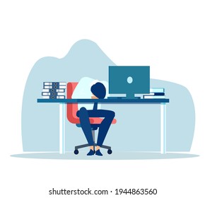 Vector of an exhausted tired businessman in office sitting with head down on desk