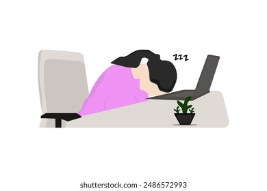 vector of exhausted woman in front of the laptop, sleepy