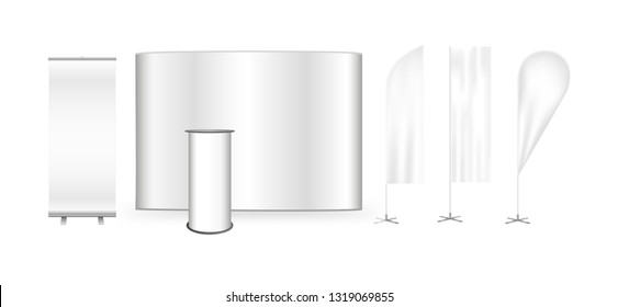 Vector exhibition promo POS set. Flat pop up trade show stand display, promotion retail counter or bar rounded table, roll up banner and feather advertising promo beach bow flags isolated on white.