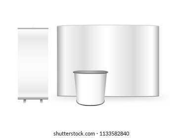 Vector exhibition promo set for an advertising agency. Pop up trade show stand, promotion retail trade stand and roll up banner isolated on the white background
