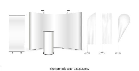 Vector exhibition promo set. Curved pop up trade show stand display, promotion retail counter or bar rounded table, roll up banner and feather advertising promo beach bow flags isolated on white.