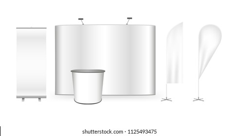 Vector exhibition promo set. Pop up trade show stand, promotion retail trade stand, roll up banner and feather advertising promo beach bow flags isolated on the white background