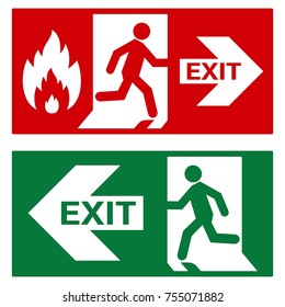 VECTOR.  Exit sign.  Emergency fire exit door and exit door. The icon with a white sign on a green / red background. Public information label. Illustration.