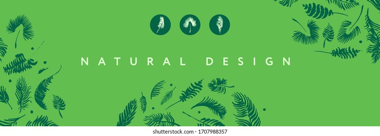 Vector exotic banner with drawings of palm leaves. Natural cosmetic image. Leaf silhouette pattern, wedding invite Hawaii, tropical image. Botanical background for date banner, summer events.