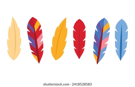Las plumas de aves exóticas vectoriales se colocan sobre un fondo blanco.