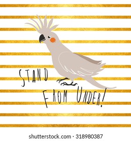 vector exotic birds corella on gold stripes background. little cockatiel. fashion print.