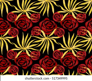 Vector exotic bouquet pattern. Seamless print with tropical flowers, palm leaves. Floral foliage endless print. Swimwear background. Hawaii lei tile.