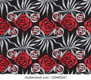 Vector exotic bouquet pattern. Seamless print with tropical flowers, palm leaves. Foliage endless print. Swimwear background. Hawaii tile.