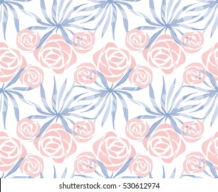Vector exotic bouquet pattern. Seamless print with tropical flowers, palm leaves. Floral foliage endless print. Swimwear background. Hawaii lei tile.