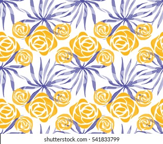 Vector exotic bouquet pattern. Seamless print with tropical flowers, palm leaves. Floral foliage endless print. Swimwear background. Hawaii lei tile.