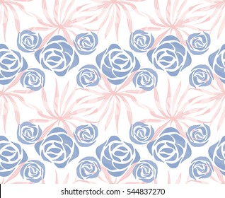 Vector exotic bouquet pattern. Seamless print with tropical flowers, palm leaves. Floral foliage endless print. Swimwear background. Hawaii lei tile.