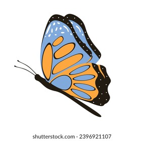 Vector exotic butterfly flying, side view. Cute colorful summer insect with beautiful wings. Hand drawn tropical moth flies isolated on white background. Flat vector illustration 