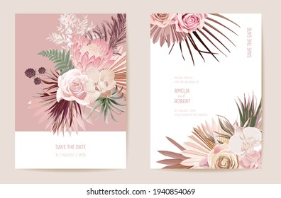 Vector exotic dry flower, palm leaves boho invitation card. Wedding dried protea, orchid, pampas grass floral Save the Date set. Watercolor template frame, foliage cover, modern background design