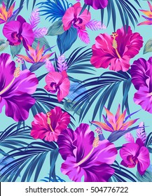 vector exotic floral pattern on black background. for fashion, swimwear, active wear. Amazing palms and flowers.