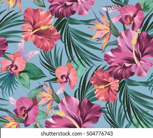 vector exotic floral pattern on black background. for fashion, swimwear, active wear. Amazing palms and flowers.
