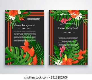 Vector exotic flower background on a darck.Jungle leaves.Hawaii texture.Monstera leave and hibiscus flowers