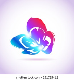 Vector exotic flower silhouette lights greeting card. Floral vivid gradient congratulation card with volume shadows effect. Digital background.