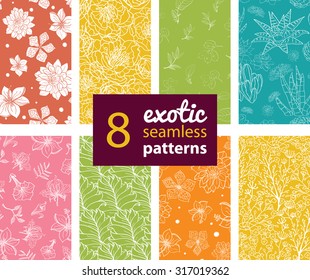 Vector Exotic Flowers Eight Set Patterns. Succulent Cactus. Hawaiian Hibiscus