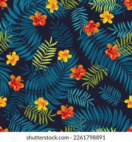 Vector exotic foliage jungle Balinese Hawaiian summer seamless tropical leaves pattern. Bright natural seamless background. Vivid optimistic juicy colors. Repeat Bali, Hawaii floral pattern backdrop