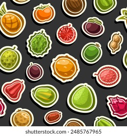 Vector Exotic Fruit seamless pattern, background with many flying organic fruits for wrapping paper or bed linen, square placard with variety flat lay exotic fruits on black background for home decor