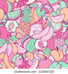 Vector exotic fruits semless pattern. Pastel color, doodle design.