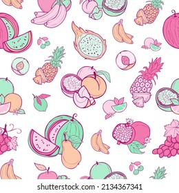 Vector exotic fruits semless pattern. Pastel color, doodle design.