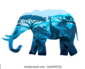 Vector exotic illustration with elephant outline and savannah landscape isolated on white. African concept in blue trendy colors with giraffe, monkey, toucan, leopard, rhino, palms, trees silhouettes