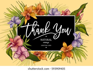 Vector exotic illustration of the vintage greeting card with the different tropical flowers around, isolated on yellow. 