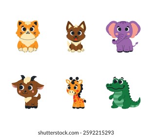 Vector Exotic Jungle and Forest Mammals. Cat, Dog, Elephant, Goat, Giraffe, Alligator. Illustration of Flat Jungle Mammals.