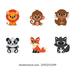 Vector Exotic Jungle and Forest Mammals. Lion, Monkey, Otter, Panda, Fox, Racoon. Illustration of Flat Jungle Mammals.