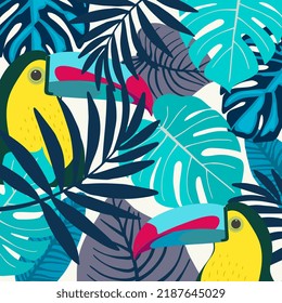 Vector exotic pattern with  monstera leaves and toucan. Modern Hawaiian background with floral motifs. Texture from tropical plants.