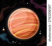 Vector exotic Planet, decorative placard with cartoon pale orange textured planet, astronomical square poster with clipart of fast spinning windy planet and galactic nebula on black starry background