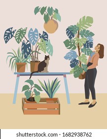 Vector exotic plants in interior. Can be used as illustration, print, packaging design, poster, textile, template and so on.