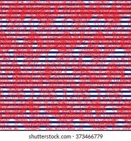 Vector exotic seamless pattern with palm tree and geometric stripes. Allover palm print for surfing clothes and swimwear. Apparel palm background.