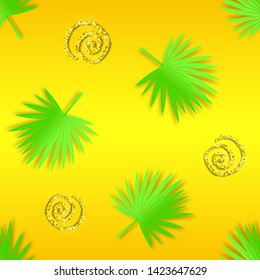 Vector exotic seamless pattern with tropical leaves with glittering spirals on the yellow background. Chamaerops texture.
