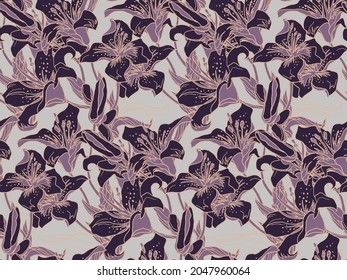 Vector exotic silhouettes and contour of Lily flowers modern seamless pattern drawn by hand in brown tones. Home textile, wallpaper, fabric, bedding, package.