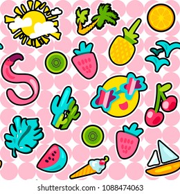 Vector Exotic Summer Seamless Pattern with shape. Fruits and berries. Girl fashion sweet ornament design. Beach cartoon background. Hot wrap