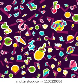 Vector Exotic Summer Seamless Pattern with shape. Fruits and berries. Girl fashion sweet ornament design. Beach cartoon background. Hot wrap