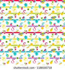 Vector Exotic Summer Seamless Pattern with shape. Fruits and berries. Girl fashion sweet ornament design. Beach cartoon background. Hot wrap