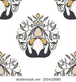 Vector Exotic Toucans under Guava Tree Design seamless pattern background. Perfect for fabric, wallpaper and scrapbooking projects.