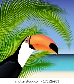 Vector Exotic trip card  with palm tree and Toucan