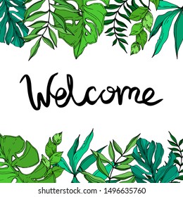 Vector Exotic tropical hawaiian summer. Palm beach tree leaves jungle botanical. Black and white engraved ink art. Frame border ornament square on white background.