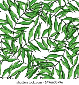 Vector Exotic tropical hawaiian summer. Palm beach tree leaves jungle botanical. Black and white engraved ink art. Seamless background pattern. Fabric wallpaper print texture.