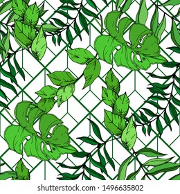 Vector Exotic tropical hawaiian summer. Palm beach tree leaves jungle botanical. Black and white engraved ink art. Seamless background pattern. Fabric wallpaper print texture.
