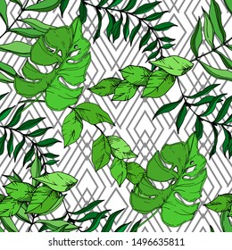 Vector Exotic tropical hawaiian summer. Palm beach tree leaves jungle botanical. Black and white engraved ink art. Seamless background pattern. Fabric wallpaper print texture.