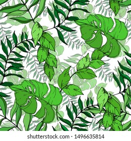Vector Exotic tropical hawaiian summer. Palm beach tree leaves jungle botanical. Black and white engraved ink art. Seamless background pattern. Fabric wallpaper print texture.