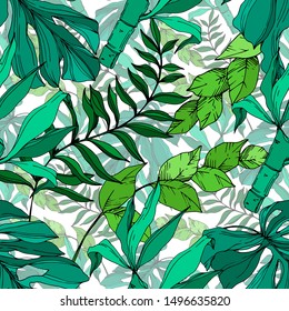 Vector Exotic tropical hawaiian summer. Palm beach tree leaves jungle botanical. Black and white engraved ink art. Seamless background pattern. Fabric wallpaper print texture.